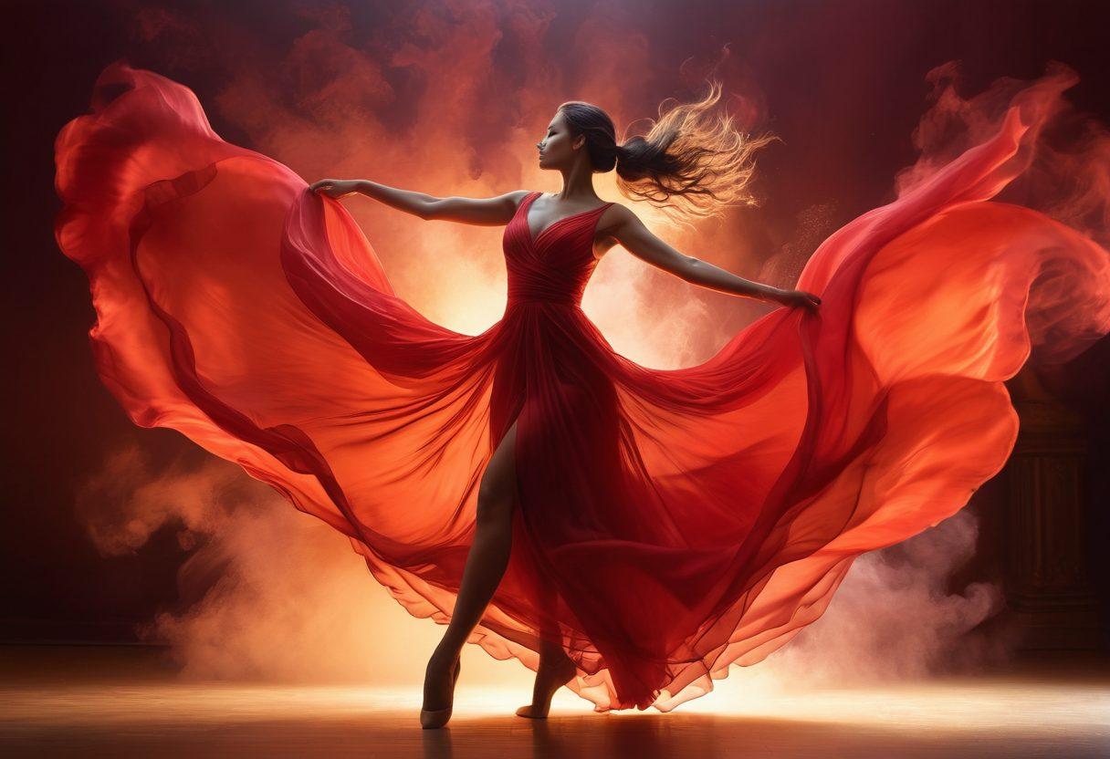 A mesmerizing figure in a flowing red dress, elegantly dancing against a backdrop of soft, warm lights, symbolizing passion. The figure's body language exudes confidence and allure, surrounded by swirling colorful smoke that adds a mystical touch. Subtle hints of floral motifs enhance the theme of desirability. The focus is on the dance, creating a sense of movement and energy. vibrant colors. super-realistic.